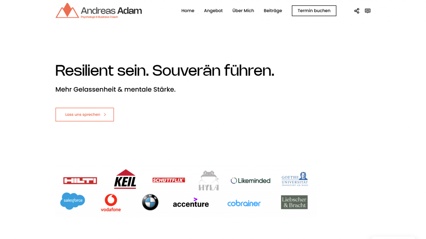 Hero-Bereich der Website von Business Coach Andreas Adam mit Kundenlogos und Terminbuchungs-CTA