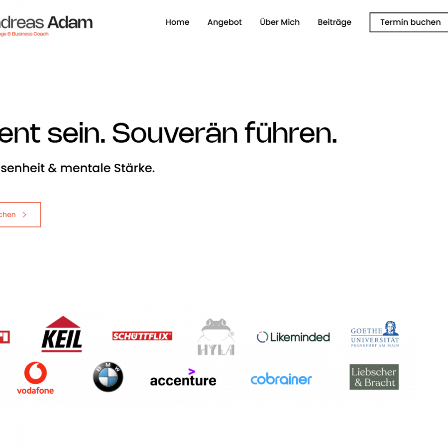 Hero-Bereich der Website von Business Coach Andreas Adam mit Kundenlogos und Terminbuchungs-CTA